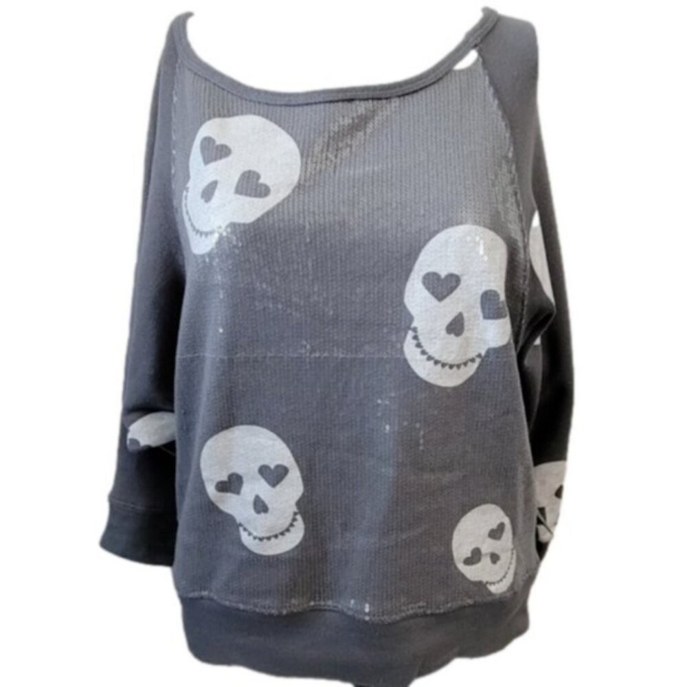 NEW Hard Candy Skulls Sequins Sweatshirt Gray sz M 7-9 Whimsigoth bling pullover